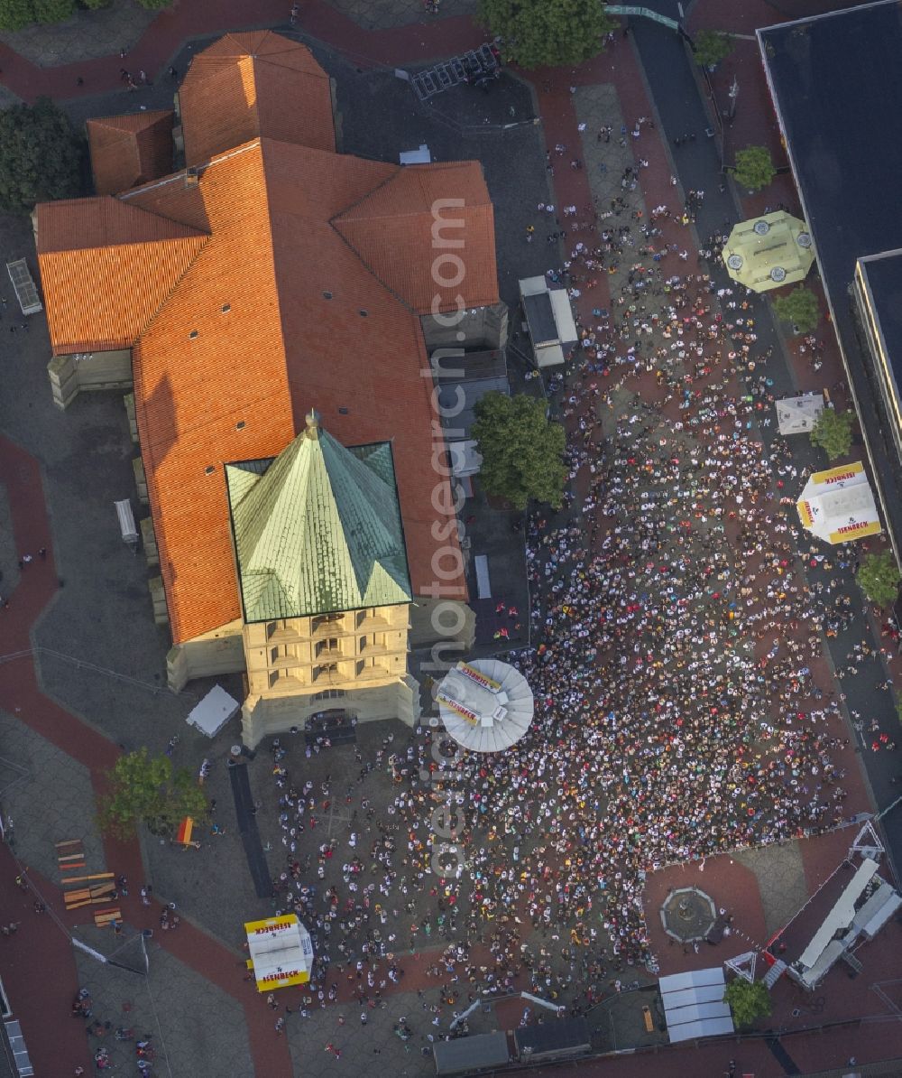 Aerial image Bochum - Visitors to the public view of public viewing before the big screen at the St. Paul Church in Hamm on the occasion of European Championship quarter-final match between Germany and Greece