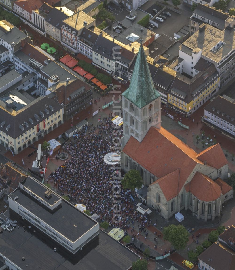 Aerial image Bochum - Visitors to the public view of public viewing before the big screen at the St. Paul Church in Hamm on the occasion of European Championship quarter-final match between Germany and Greece