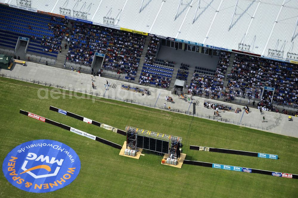 Aerial image Magdeburg - Public Viewing zum WM - Fußballspiel Deutschland gegen Serbien (0:1) im Stadion Magdeburg, der MCC - Arena. Public viewing for the World Cup - Germany football match against Serbia (0-1) in the stadium MCC Arena.