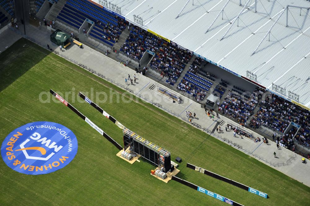 Magdeburg from above - Public Viewing zum WM - Fußballspiel Deutschland gegen Serbien (0:1) im Stadion Magdeburg, der MCC - Arena. Public viewing for the World Cup - Germany football match against Serbia (0-1) in the stadium MCC Arena.