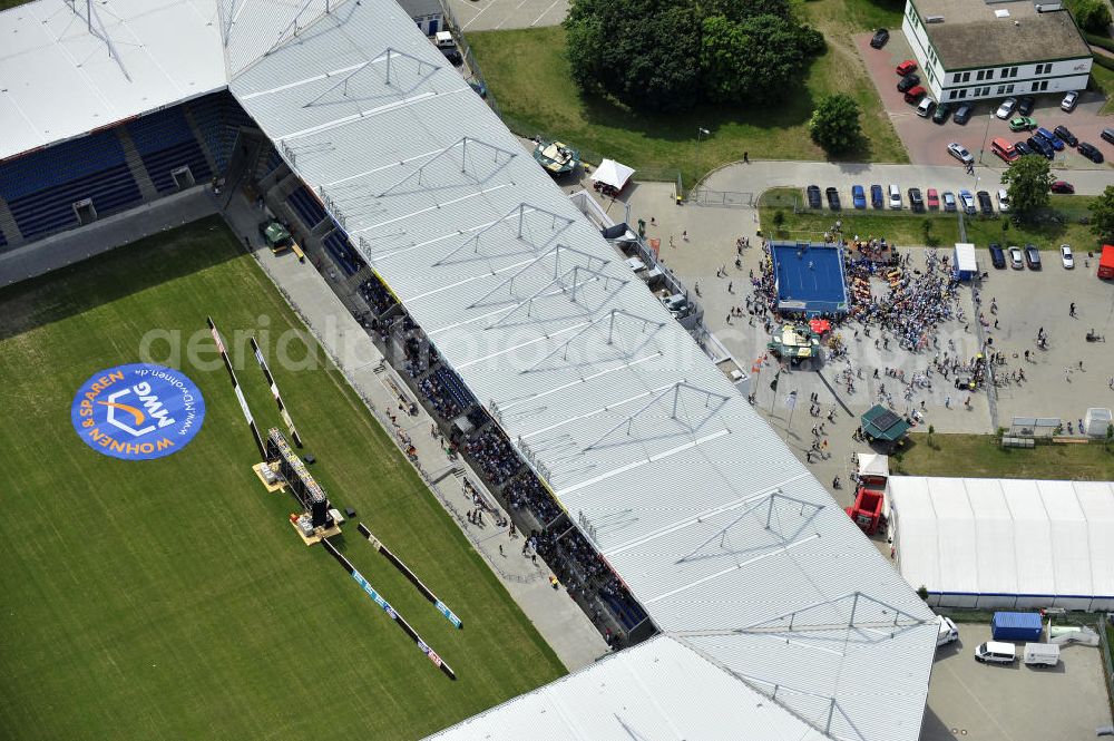 Aerial image Magdeburg - Public Viewing zum WM - Fußballspiel Deutschland gegen Serbien (0:1) im Stadion Magdeburg, der MCC - Arena. Public viewing for the World Cup - Germany football match against Serbia (0-1) in the stadium MCC Arena.