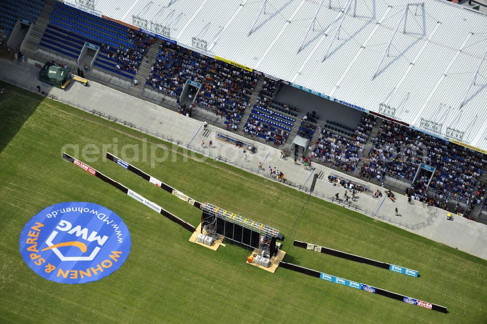 Aerial photograph Magdeburg - Public Viewing zum WM - Fußballspiel Deutschland gegen Serbien (0:1) im Stadion Magdeburg, der MCC - Arena. Public viewing for the World Cup - Germany football match against Serbia (0-1) in the stadium MCC Arena.