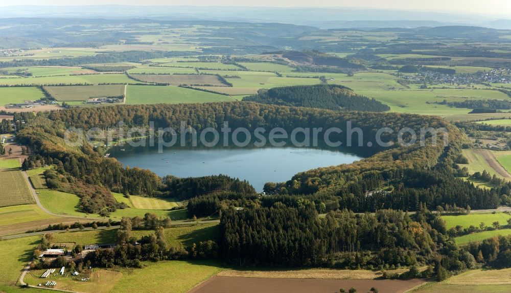 Gillenfeld from above - View of the Pulvermaar in Gillenfeld in the state of Rhineland-Palatinate