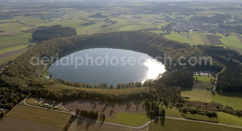 Gillenfeld from above - View of the Pulvermaar in Gillenfeld in the state of Rhineland-Palatinate