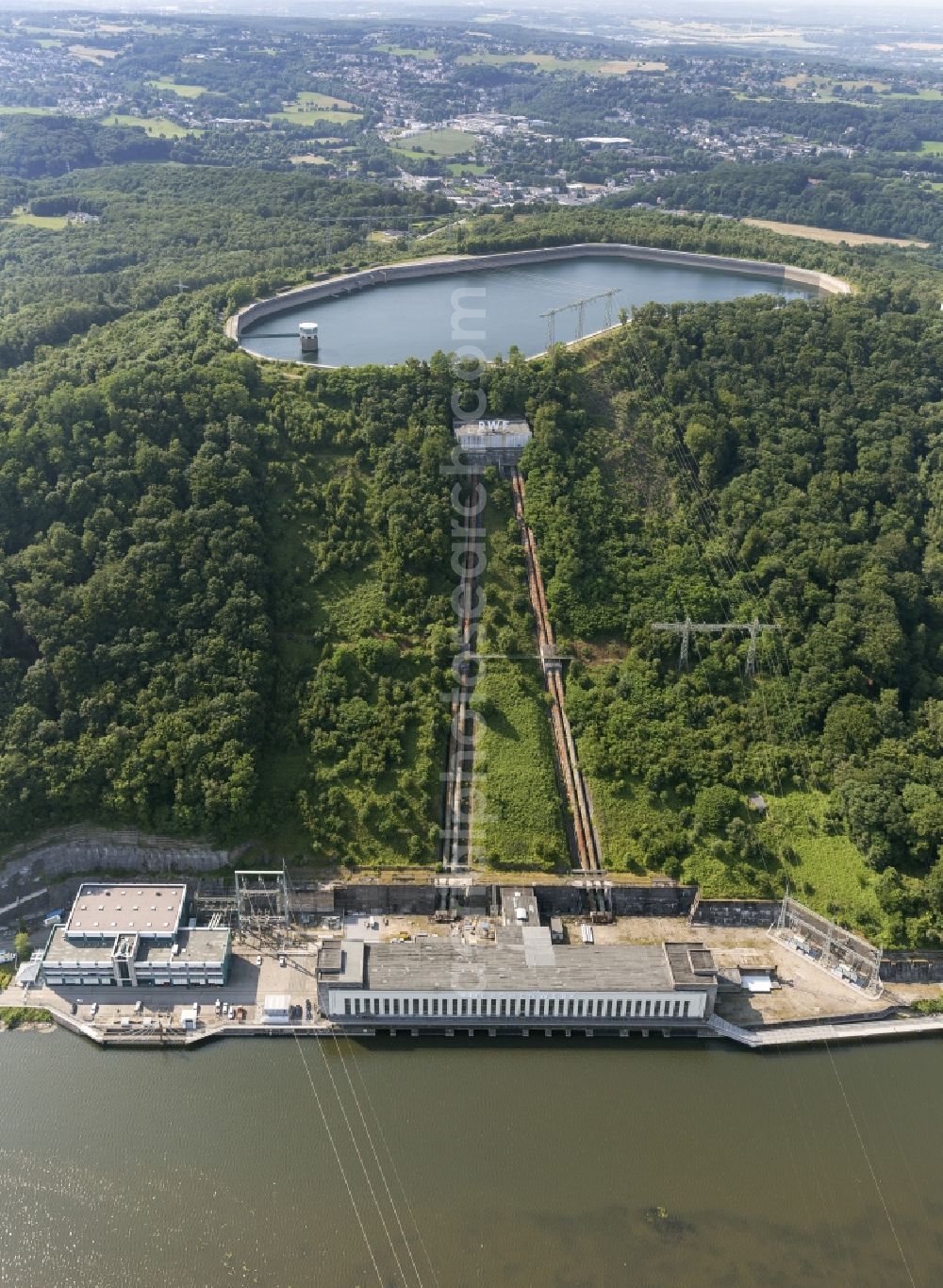 Herdecke from above - Pumped storage power plant / hydro power plant with energy storage on Hengsteysee in Herdecke in North Rhine-Westphalia