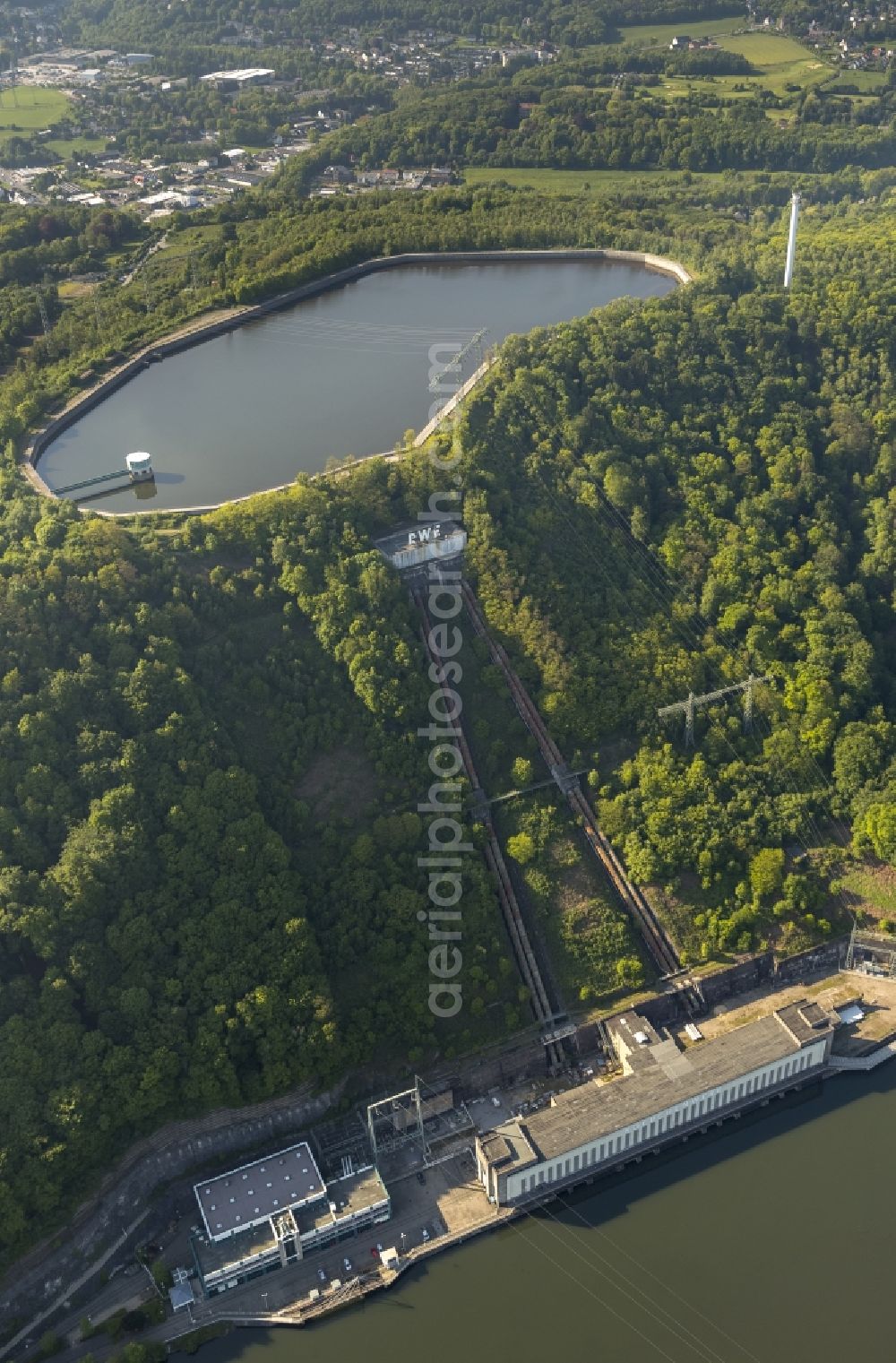 Herdecke from above - Pumped storage power plant / hydro power plant with energy storage on Hengsteysee in Herdecke in North Rhine-Westphalia
