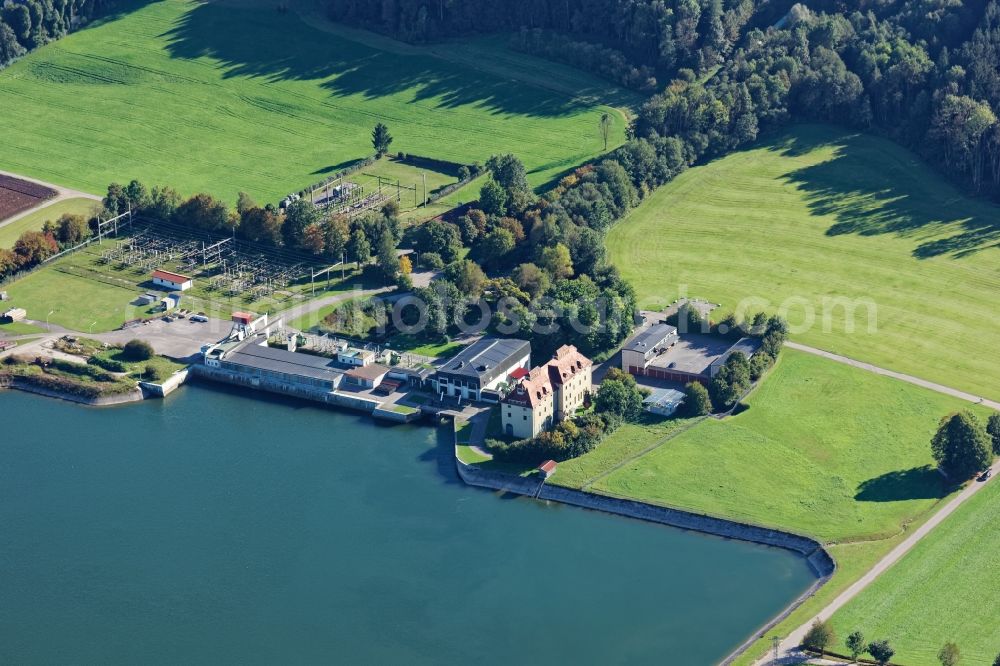 Aerial image Feldkirchen-Westerham - Structure and dams of the waterworks and hydroelectric power plant in Feldkirchen-Westerham in the state Bavaria