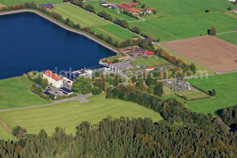 Aerial photograph Feldkirchen-Westerham - Structure and dams of the waterworks and hydroelectric power plant in Feldkirchen-Westerham in the state Bavaria