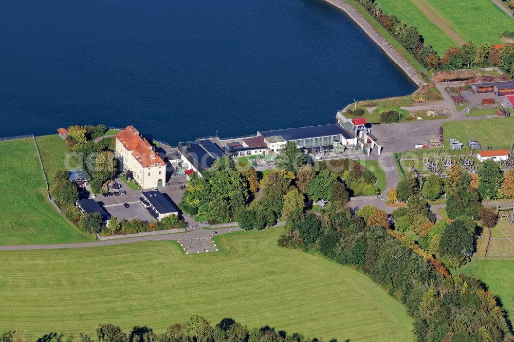 Feldkirchen-Westerham from above - Structure and dams of the waterworks and hydroelectric power plant in Feldkirchen-Westerham in the state Bavaria