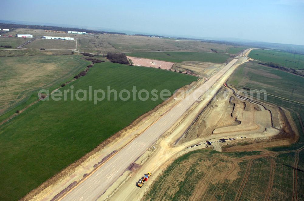 Wenigenlupnitz from the bird's eye view: Blick auf die Baustelle der südlichen (v) und nördlichen (h) PWC-Anlage / Parkplatz mit WC / Rastplatz der A4 bei Wenigenlupnitz. Der Neubau ist Teil des Projekt Nordverlegung / Umfahrung Hörselberge der Autobahn E40 / A4 in Thüringen bei Eisenach. Durchgeführt werden die im Zuge dieses Projektes notwendigen Arbeiten unter an derem von den Mitarbeitern der Niederlassung Weimar der EUROVIA Verkehrsbau Union sowie der Niederlassungen Abbruch und Erdbau, Betonstraßenbau, Ingenieurbau und TECO Schallschutz der EUROVIA Beton sowie der DEGES.