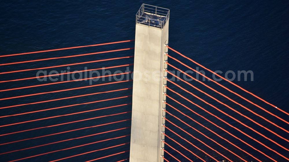 Aerial image Bonn - The 55 meter high pylon with red steel cables of the Friedrich-Ebert-Bruecke across the Rhine, also known as the North Bridge in the state North Rhine-Westphalia, Germany