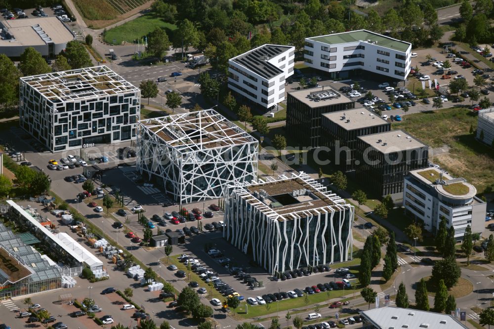 Heilbronn from above - Qbig three office and commercial building ensemble on Kaiserstrasse - Lise-Meitner-Strasse in Heilbronn in the federal state of Baden-Wuerttemberg, Germany