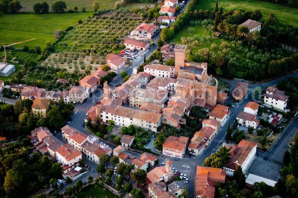 Marciano from the bird's eye view: Sqare shaped center of village of Marciano on a hill with olive plants in Toscana, Italy