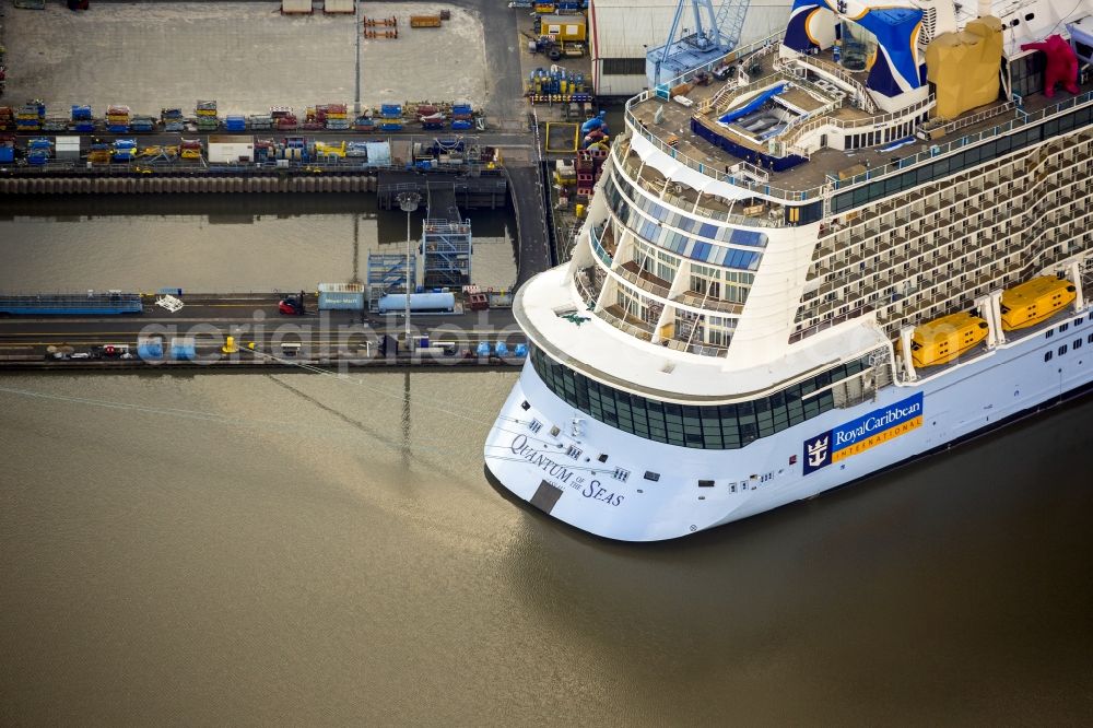 Papenburg from the bird's eye view: View of the Seas der Royal Caribbean cruise ship - passenger ship on the Meyer shipyard in Papenburg on the river Ems in Lower Saxony