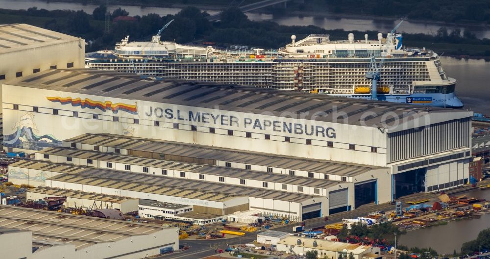 Papenburg from the bird's eye view: View of the Seas der Royal Caribbean cruise ship - passenger ship on the Meyer shipyard in Papenburg on the river Ems in Lower Saxony