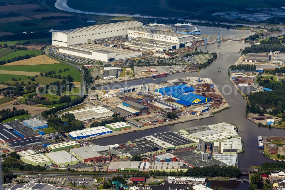 Aerial photograph Papenburg - View of the Seas der Royal Caribbean cruise ship - passenger ship on the Meyer shipyard in Papenburg on the river Ems in Lower Saxony