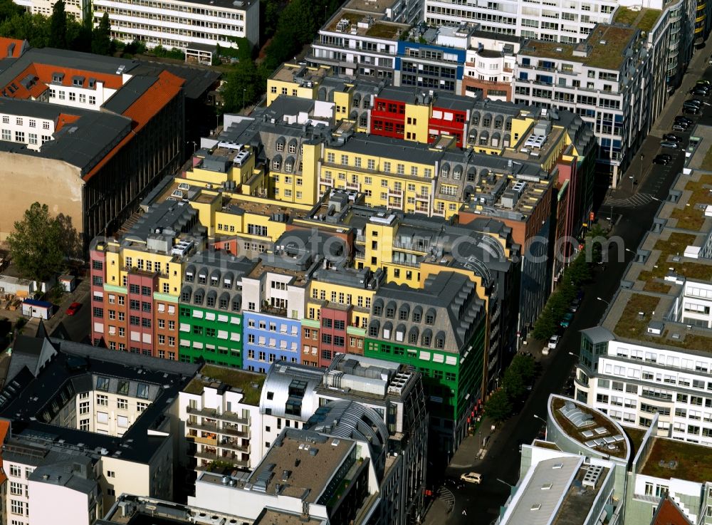 Aerial image Berlin - View to the Quartier Schuetzenstrasse and the integrated Hotel Mercure in the historic Friedrichstadt in Berlin-Mitte. The complex of buisness and office areas was devolped from the italian architect Aldo Rossi