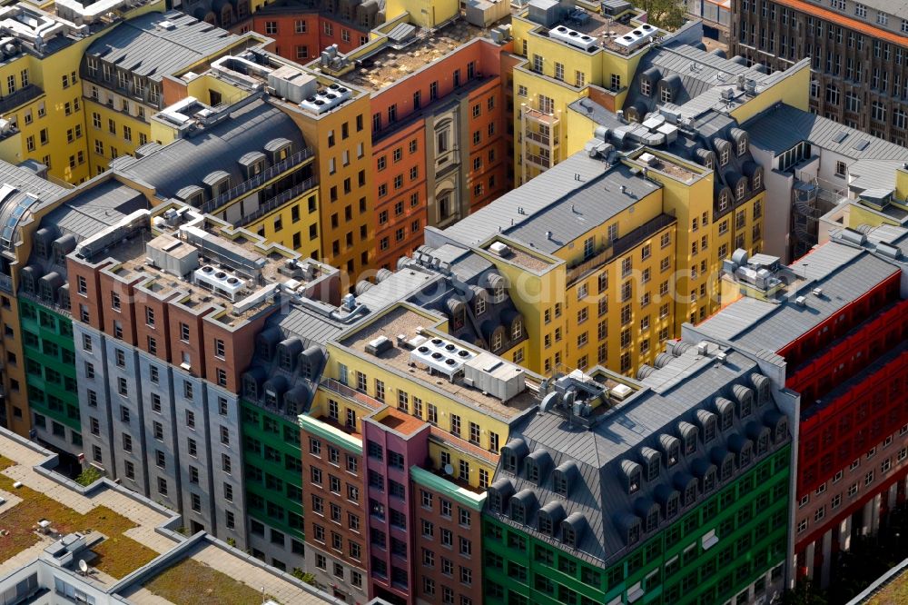 Berlin from the bird's eye view: View to the Quartier Schuetzenstrasse and the integrated Hotel Mercure in the historic Friedrichstadt in Berlin-Mitte. The complex of buisness and office areas was devolped from the italian architect Aldo Rossi