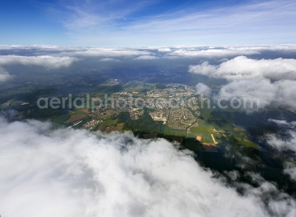 Aerial image Menden - View of Cumulus clouds shrouded the city center of Menden in the state of North Rhine-Westphalia