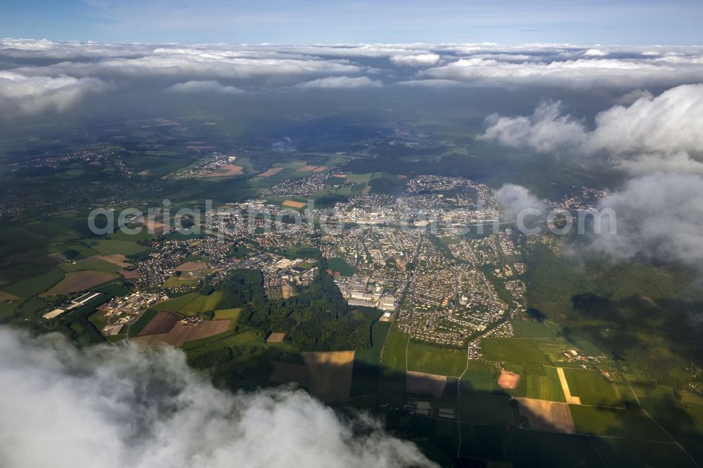 Aerial photograph Menden - View of Cumulus clouds shrouded the city center of Menden in the state of North Rhine-Westphalia