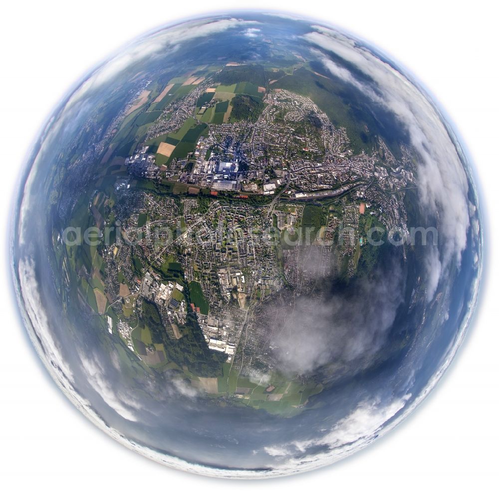 Menden from above - Fish eye - view of Cumulus clouds shrouded the city center of Menden in the state of North Rhine-Westphalia