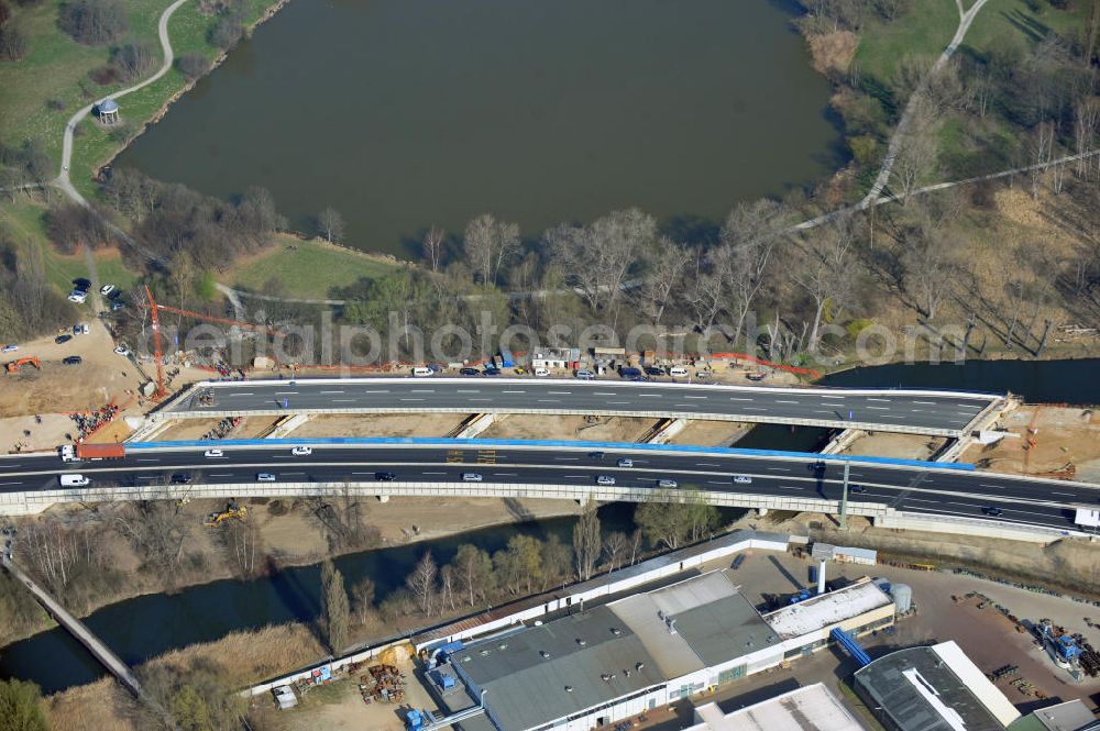 Braunschweig from the bird's eye view: View of the implementation and expansion of the motorway junction Brunswick-southwest along the freeway A29 / A 395 in Lower Saxony. The construction company EUROVIA built here are some new bridges. Owner is the Lower Saxony state authorities for road construction and transport