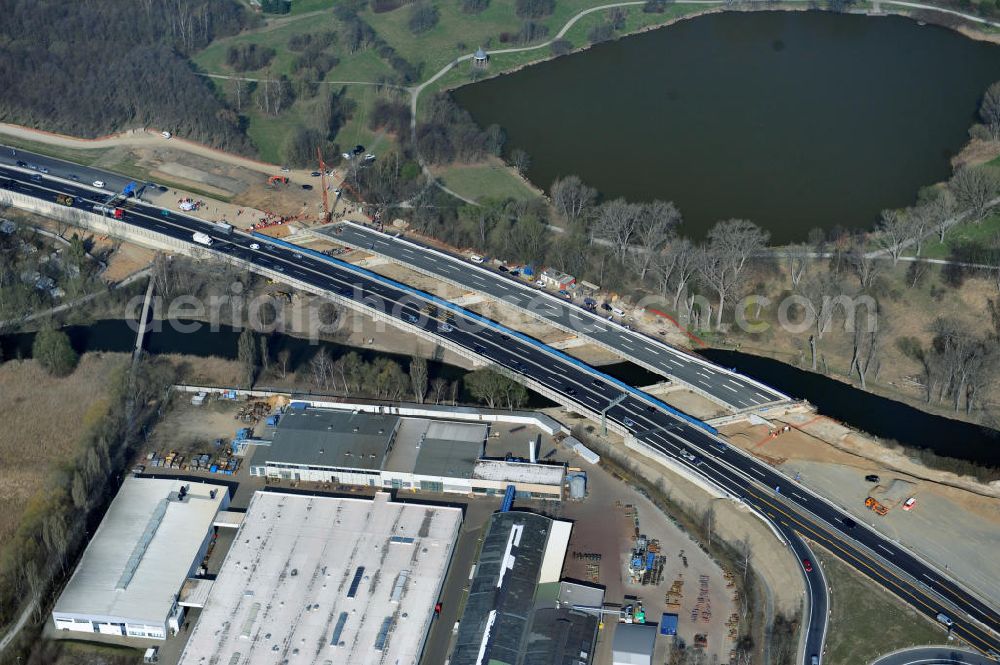 Braunschweig from the bird's eye view: View of the implementation and expansion of the motorway junction Brunswick-southwest along the freeway A29 / A 395 in Lower Saxony. The construction company EUROVIA built here are some new bridges. Owner is the Lower Saxony state authorities for road construction and transport