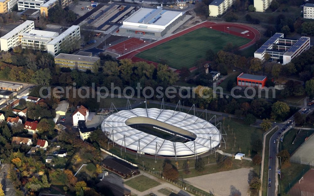 Erfurt from above - The velodrome Andreasried in Erfurt in Thuringia. The oldest cycling track in the world is in Erfurt's Andreasried