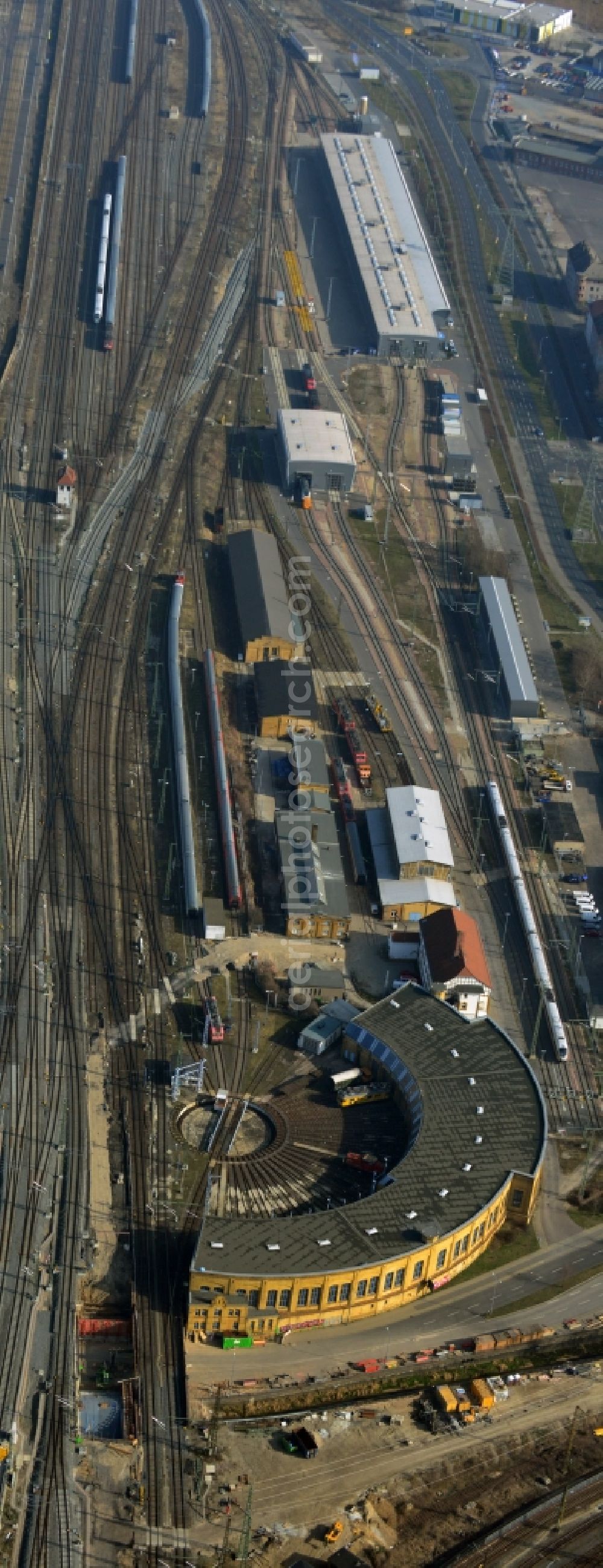 Leipzig from above - Shunting turntable and roundhouse with interlocking the Leipzig Central Station Leipzig in Saxony