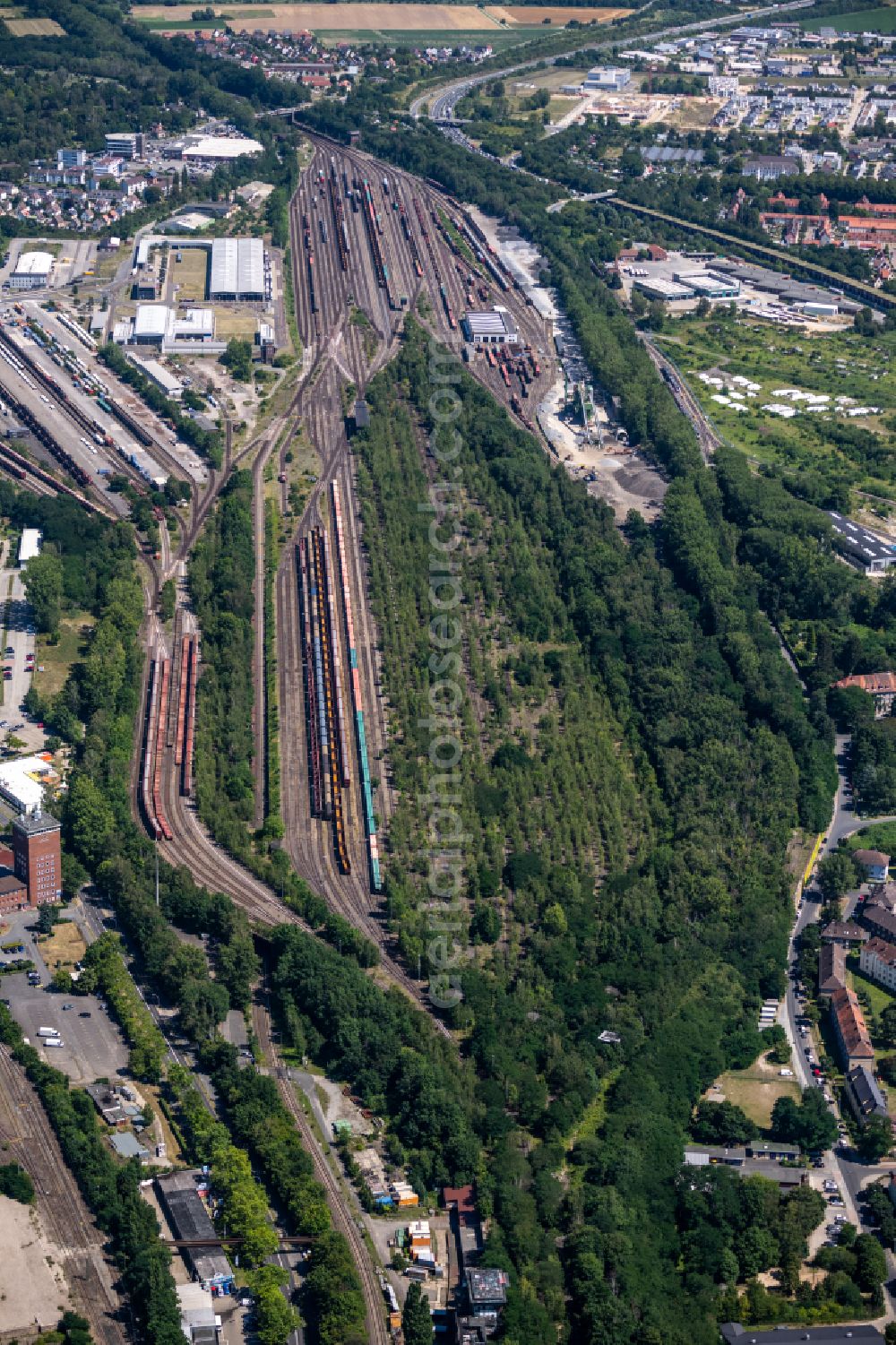 Braunschweig from above - Marshalling yard and freight station in Brunswick in the state Lower Saxony, Germany