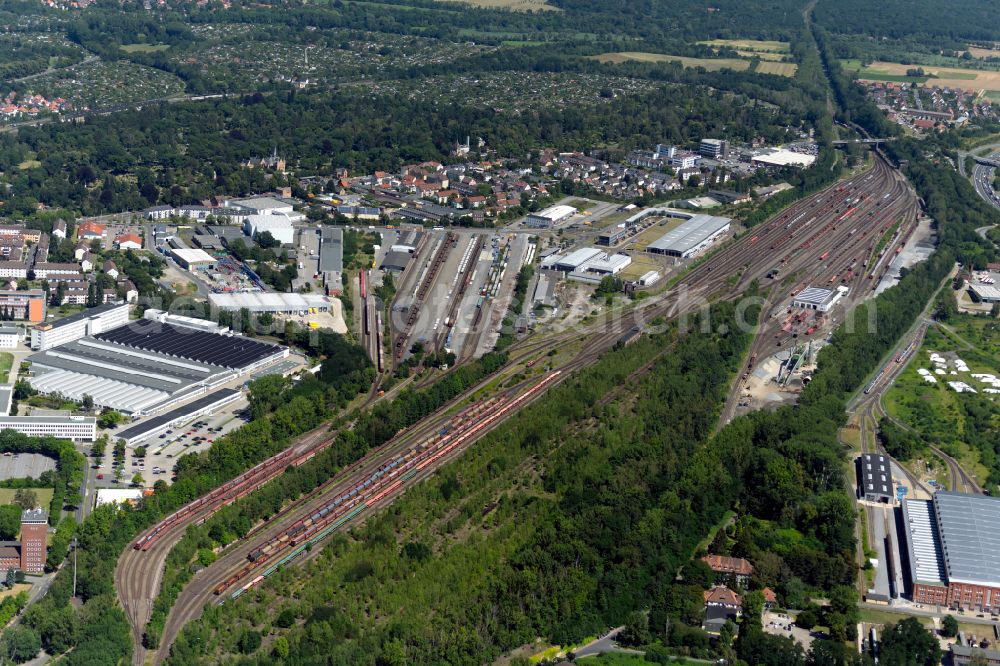 Braunschweig from the bird's eye view: Marshalling yard and freight station in Brunswick in the state Lower Saxony, Germany