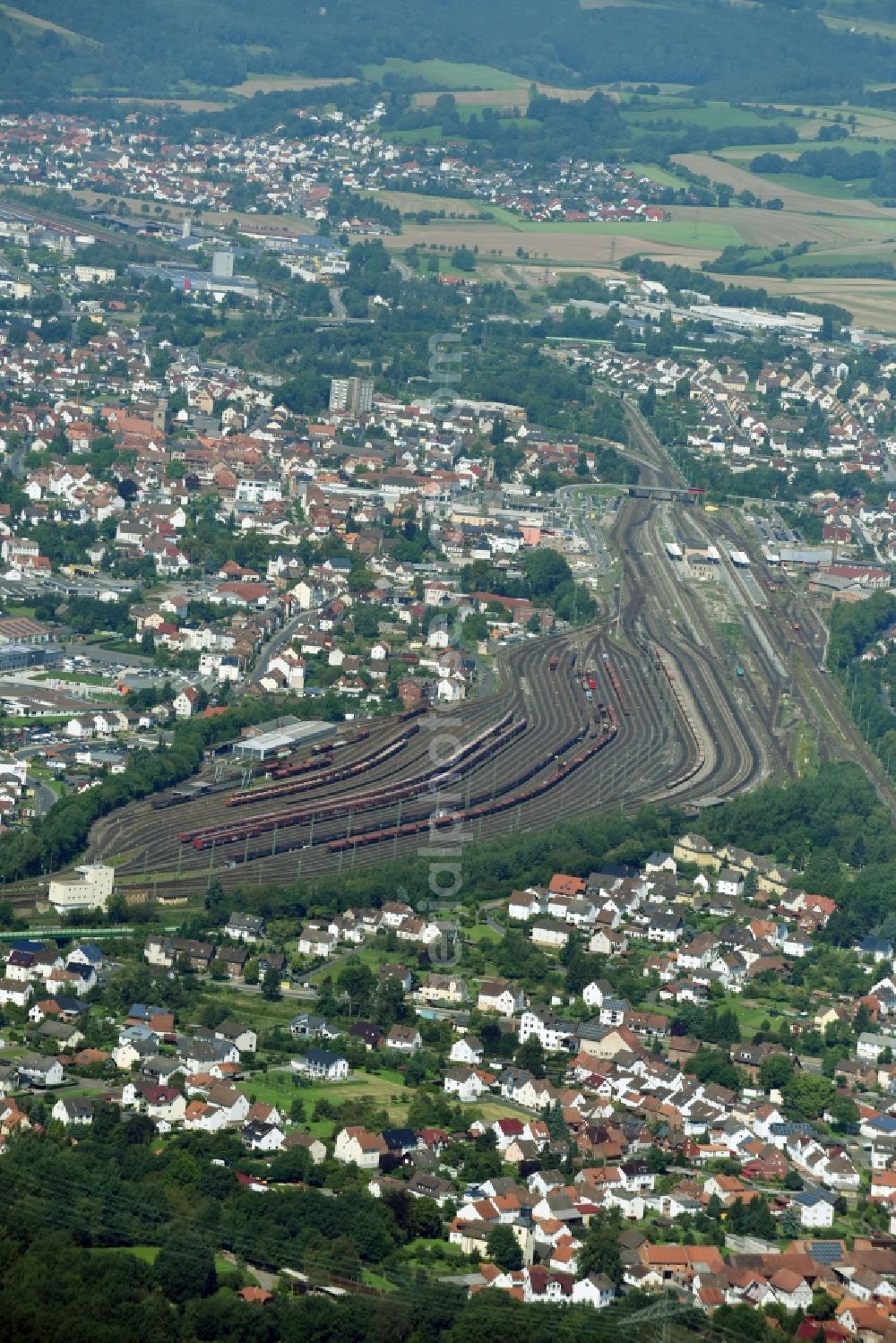 Aerial image Bebra - Marshalling yard and freight station of the Deutsche Bahn in Bebra in the state Hesse, Germany