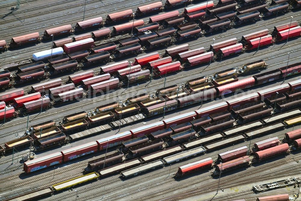 Bebra from above - Marshalling yard and freight station of the Deutsche Bahn in Bebra in the state Hesse, Germany