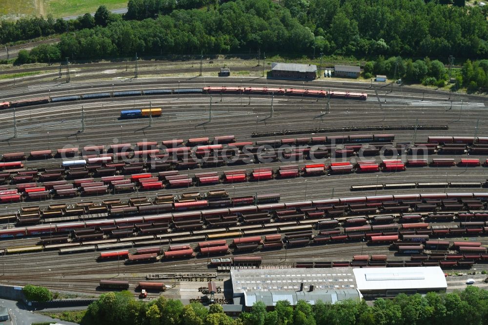 Bebra from the bird's eye view: Marshalling yard and freight station of the Deutsche Bahn in Bebra in the state Hesse, Germany