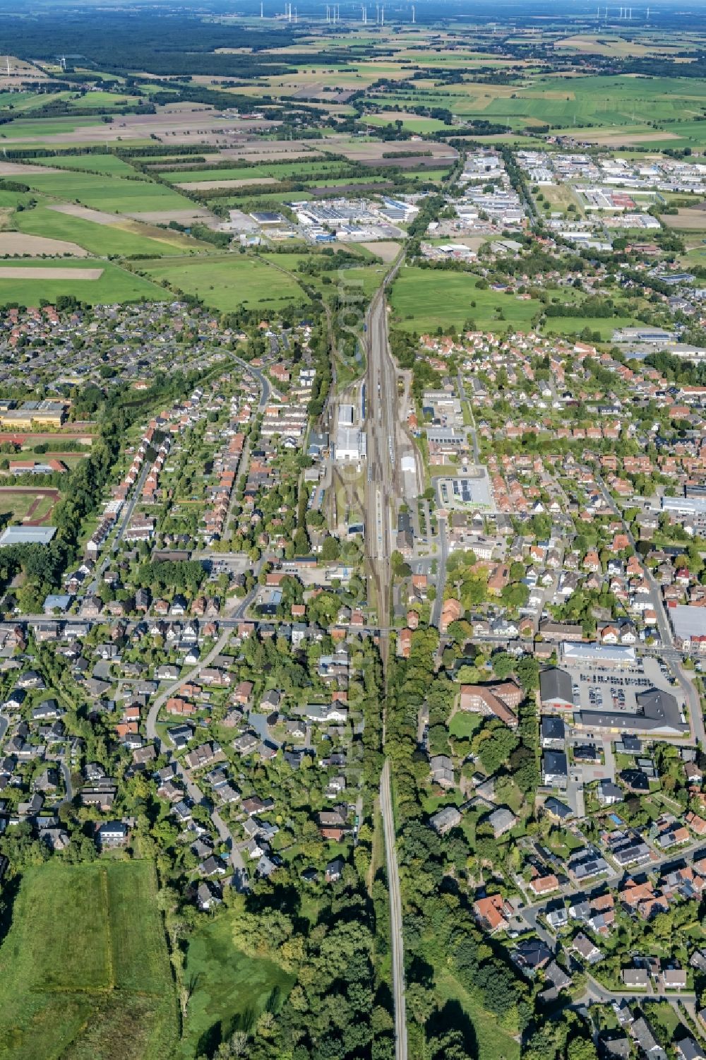 Bremervörde from above - Marshalling yard and freight station of the Deutsche Bahn in Bremervoerde in the state Lower Saxony, Germany