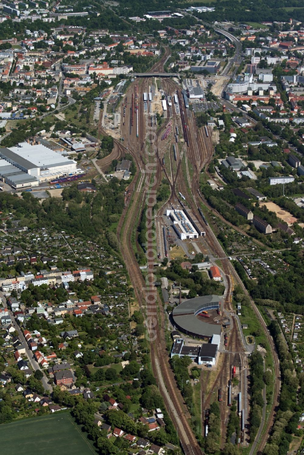 Cottbus from above - Marshalling yard and freight station of the Deutsche Bahn in Cottbus in the state Brandenburg, Germany