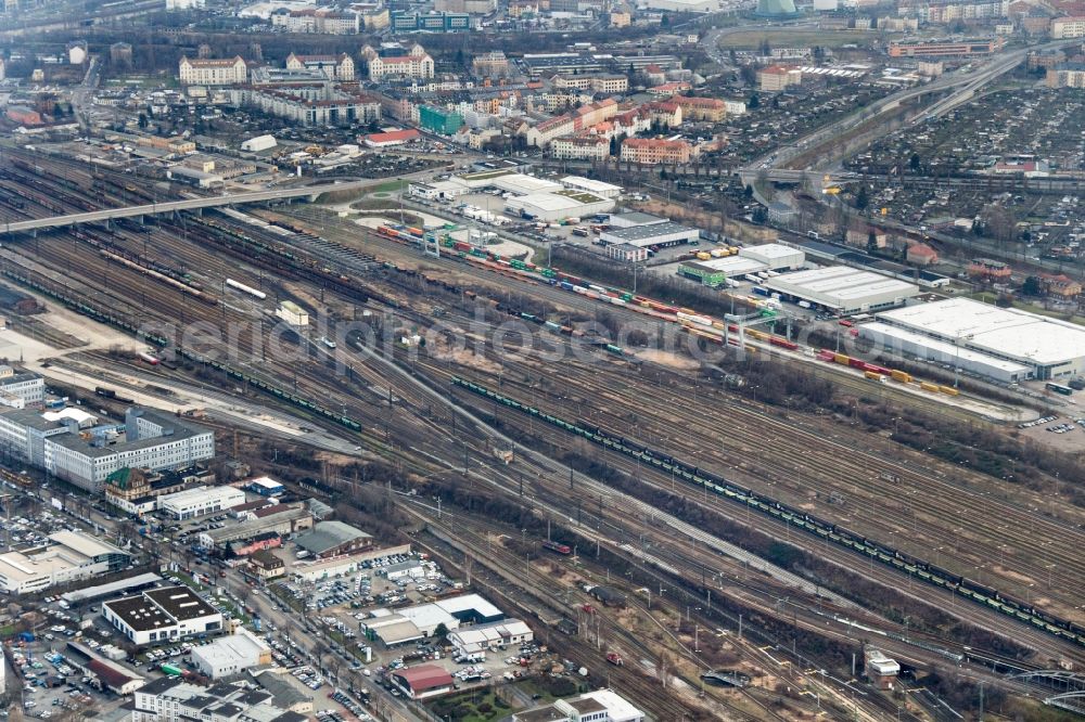 Dresden from above - Marshalling yard and freight station of the Deutsche Bahn in Dresden in the state Saxony