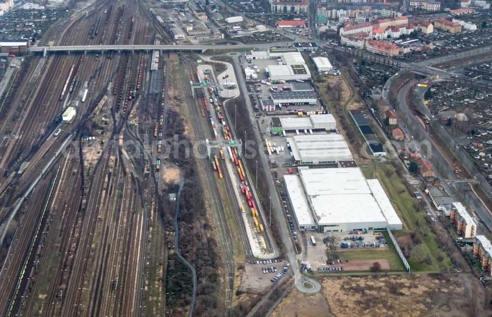 Dresden from the bird's eye view: Marshalling yard and freight station of the Deutsche Bahn in Dresden in the state Saxony