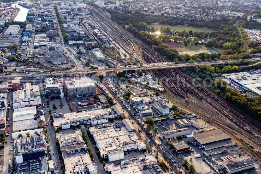 Frankfurt-Ostend from above - Marshalling yard and freight station of the Deutsche Bahn in Frankfurt-Ostend in the state Hesse, Germany