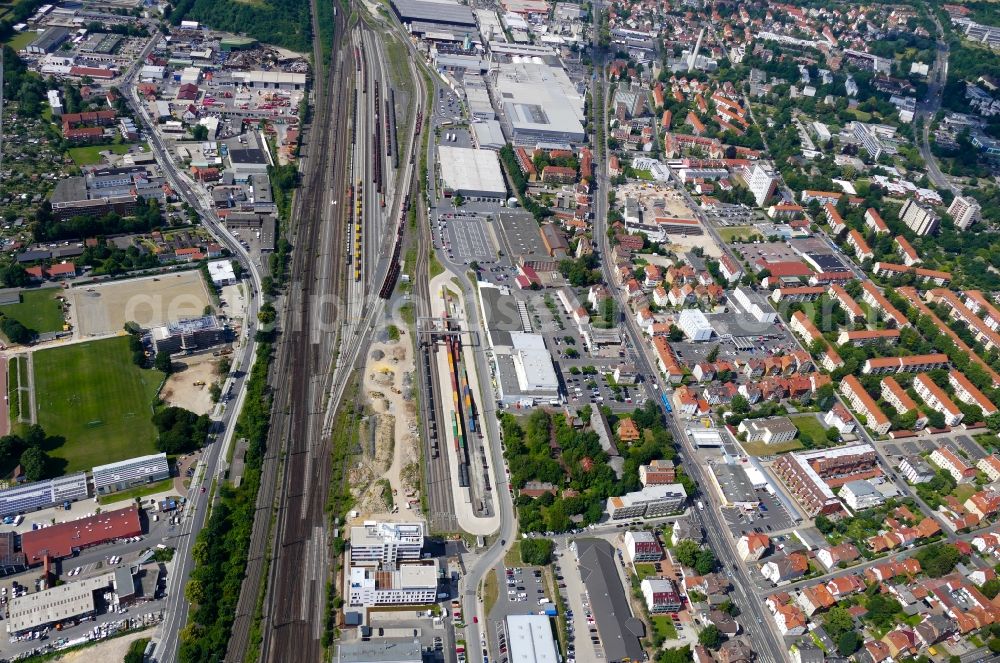 Göttingen from above - Marshalling yard and freight station of the Deutsche Bahn in Goettingen in the state Lower Saxony, Germany