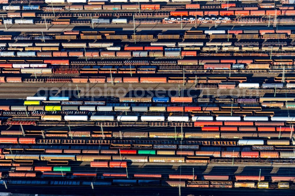 Hagen from the bird's eye view: Marshalling yard and freight station of the Deutsche Bahn in Hagen in the state North Rhine-Westphalia, Germany