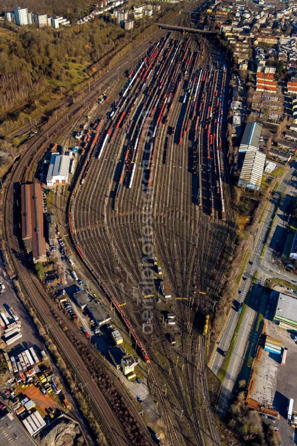 Hagen from above - Marshalling yard and freight station of the Deutsche Bahn in Hagen in the state North Rhine-Westphalia, Germany