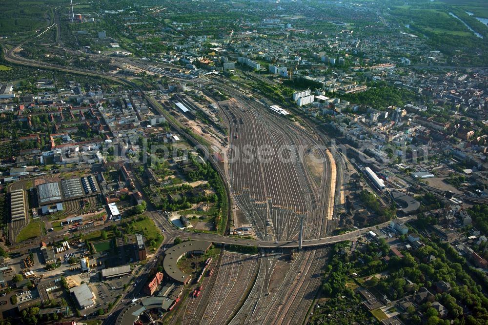 Halle (Saale) from the bird's eye view: Marshalling yard and freight station of the Deutsche Bahn in Halle (Saale) in the state Saxony-Anhalt, Germany