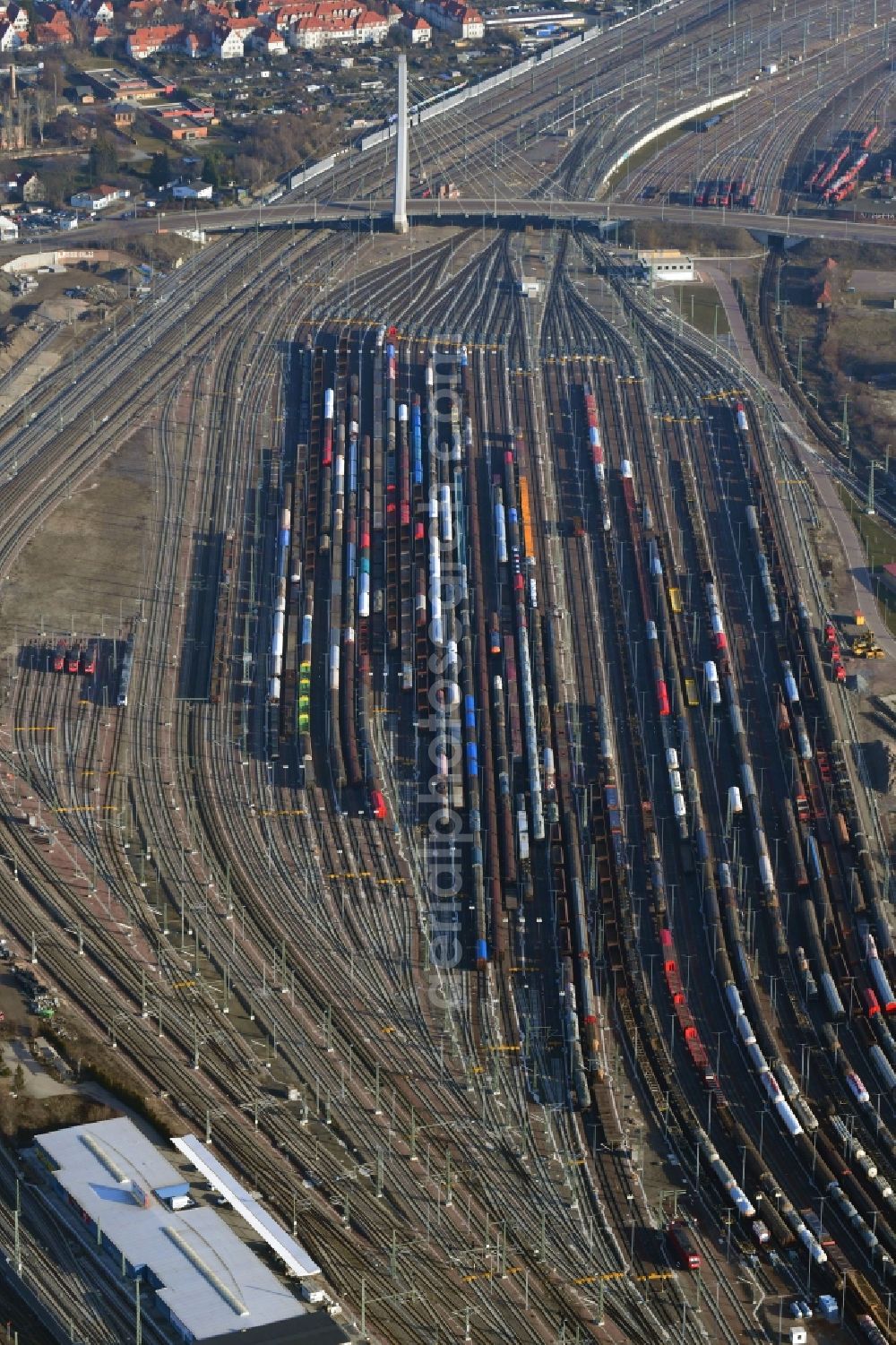 Halle (Saale) from the bird's eye view: Marshalling yard and freight station of the Deutsche Bahn in Halle (Saale) in the state Saxony-Anhalt, Germany