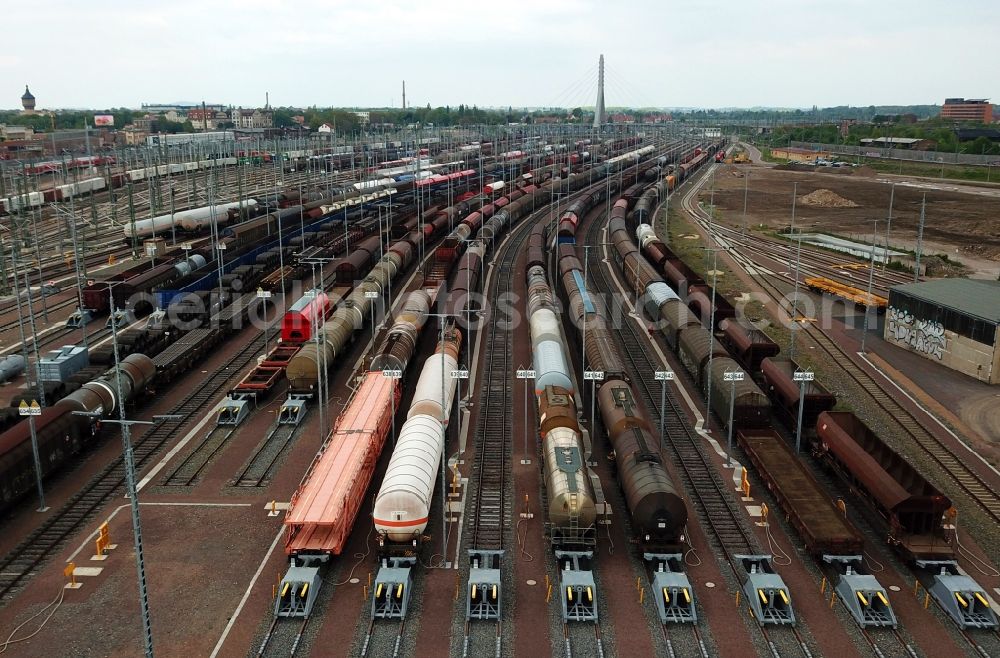 Halle (Saale) from the bird's eye view: Marshalling yard and freight station of the Deutsche Bahn in Halle (Saale) in the state Saxony-Anhalt, Germany