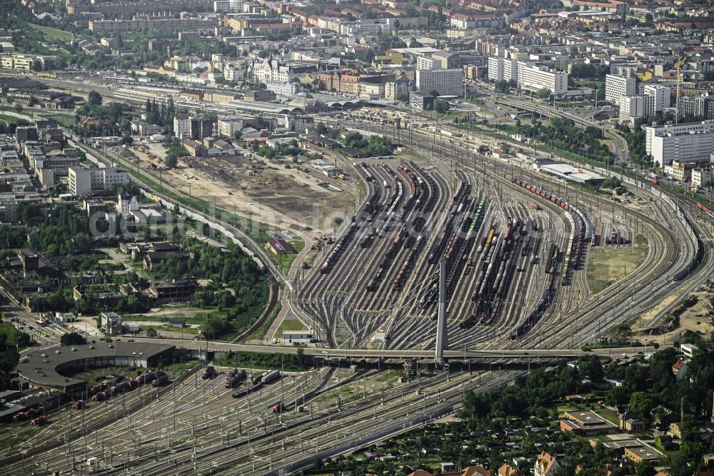 Halle (Saale) from the bird's eye view: Marshalling yard and freight station of the Deutsche Bahn in Halle (Saale) in the state Saxony-Anhalt, Germany