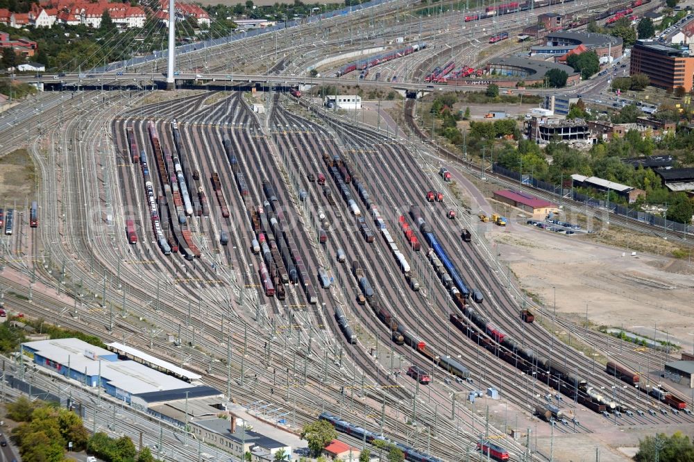 Halle (Saale) from the bird's eye view: Marshalling yard and freight station of the Deutsche Bahn in Halle (Saale) in the state Saxony-Anhalt, Germany