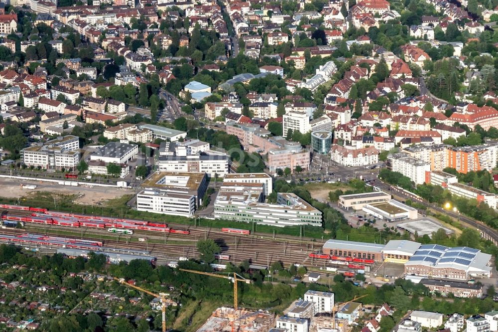 Haslach from above - Marshalling yard and freight station of the Deutsche Bahn in Haslach in the state Baden-Wurttemberg, Germany