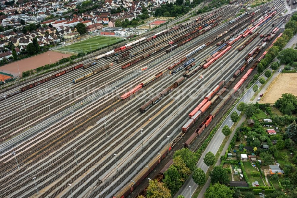 Kornwestheim from the bird's eye view: Marshalling yard and freight station of the Deutsche Bahn in Kornwestheim in the state Baden-Wuerttemberg