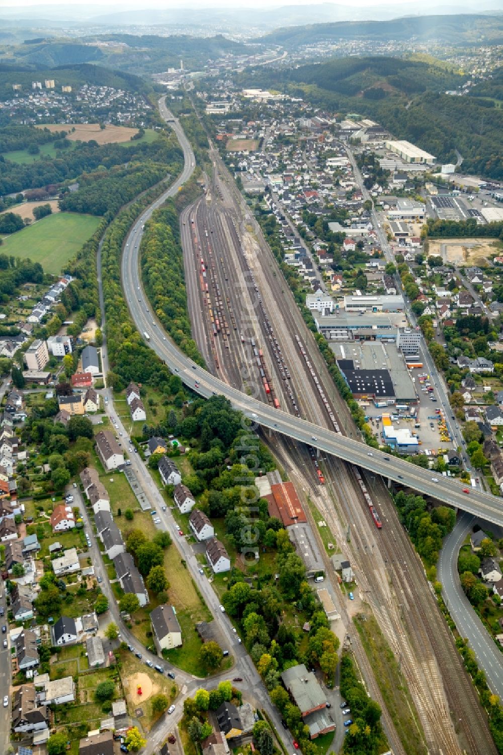 Aerial image Kreuztal - Marshalling yard and freight station of the Deutsche Bahn in Kreuztal in the state North Rhine-Westphalia, Germany